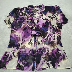 Worthington‎ Blouse Ladies XL Purple Floral Sheer Cap Sleeves Lightweight Spring